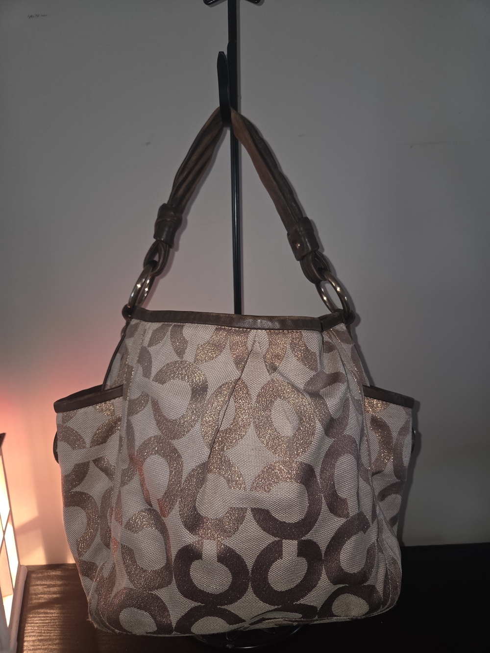Coach Parker Rose Gold Brown Canvas Tote Bag with Signature Pattern